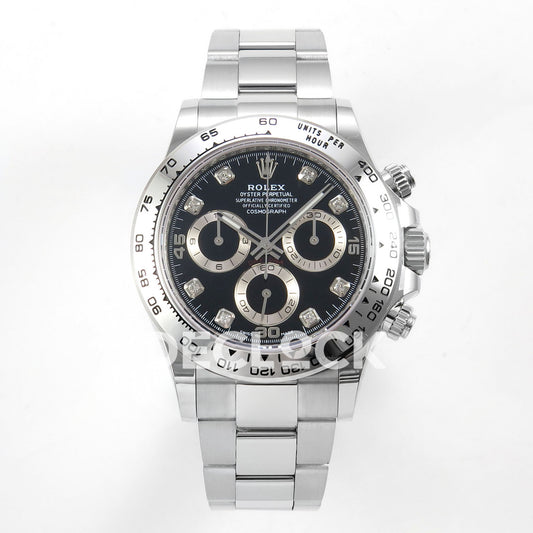 Rolex Daytona 116509 AVF replica - front black dial with clear square gem-set markers,15 30 45 numerals,black counter centers and silver-tone rings,metal tachymeter bezel and bracelet