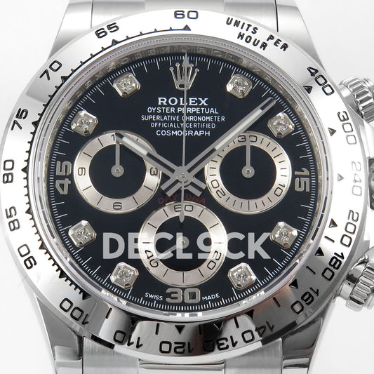 Rolex Daytona 116509 AVF replica - original black dial with clear square gem markers, 15 30 45 numerals and silver counter rings