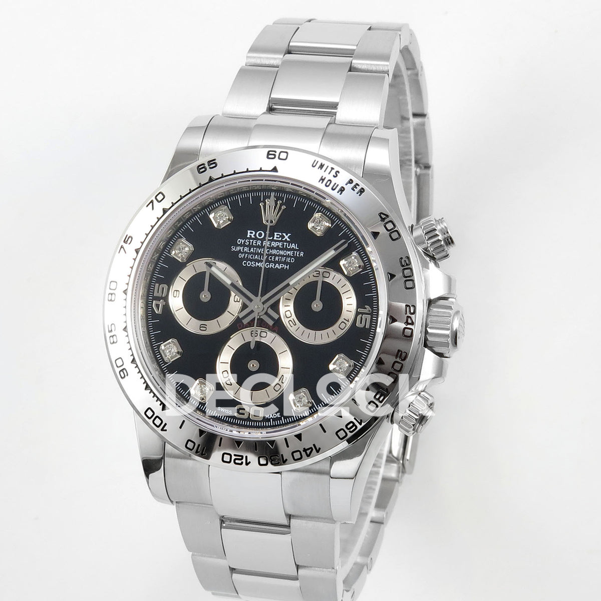 Rolex Daytona 116509 AVF replica - angled original black gem dial, silver tachymeter bezel and metal bracelet