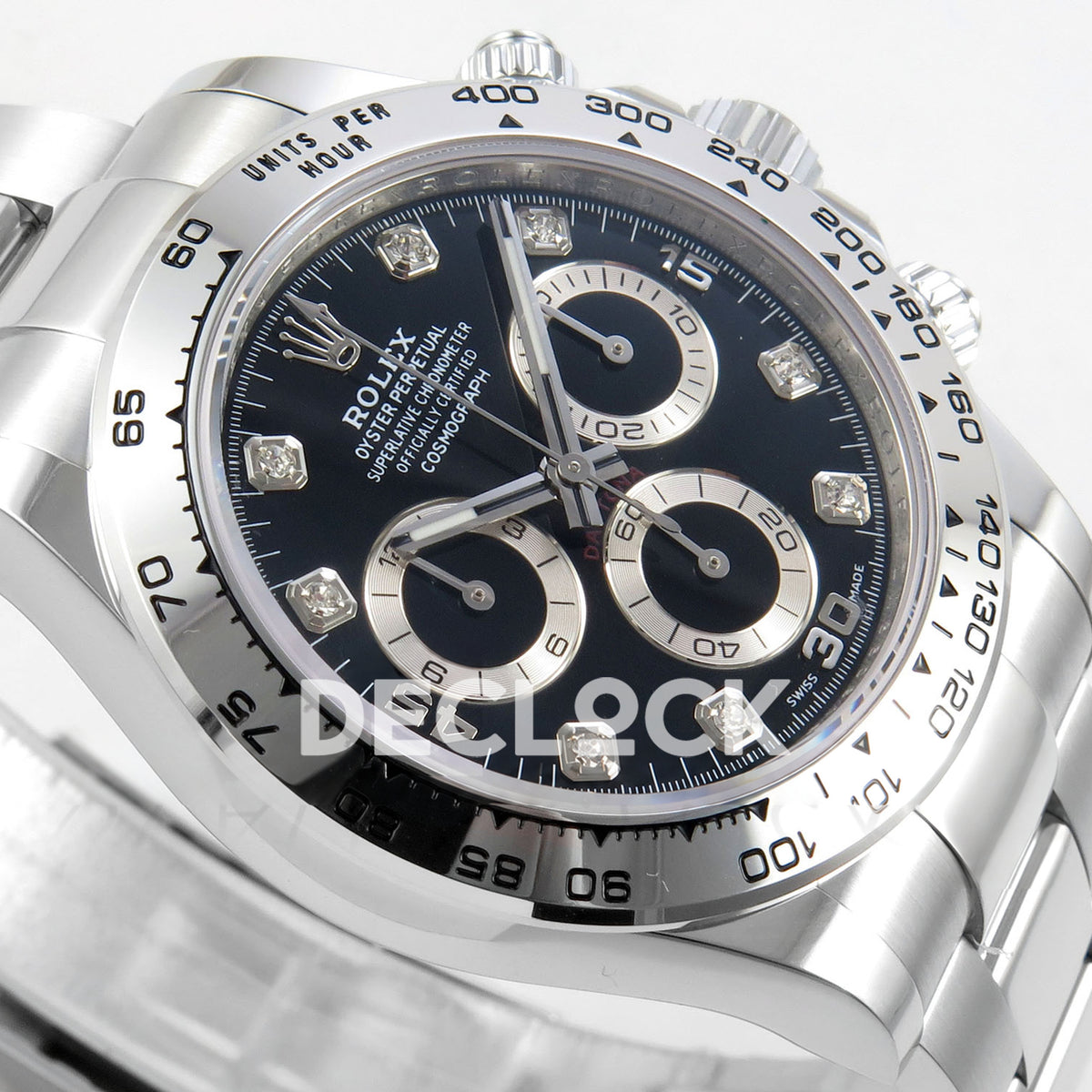 Rolex Daytona 116509 AVF replica - original black gem dial and silver chronograph details at a low angle