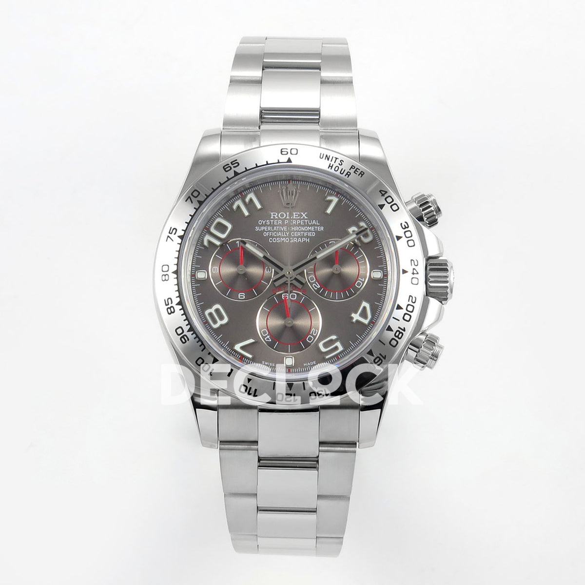Rolex Daytona 116509 QF Gain Weight replica - front view of gray Arabic dial and steel bracelet
