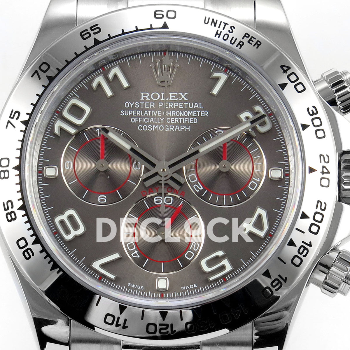 Rolex Daytona 116509 QF Gain Weight replica - dark gray sunburst dial, luminous Arabic numerals and red subdial details close-up