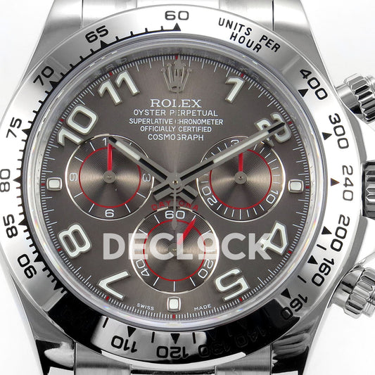 Rolex Daytona 116509 QF Gain Weight replica - dark gray sunburst dial, luminous Arabic numerals and red subdial details close-up