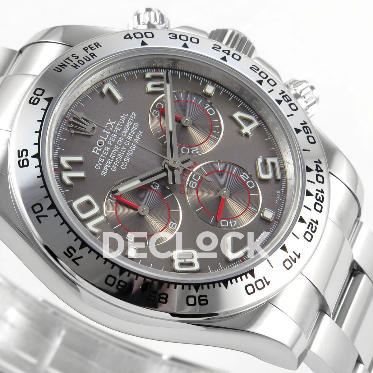 Rolex Daytona 116509 QF Gain Weight replica - opposite gray dial close-up with luminous Arabic numerals