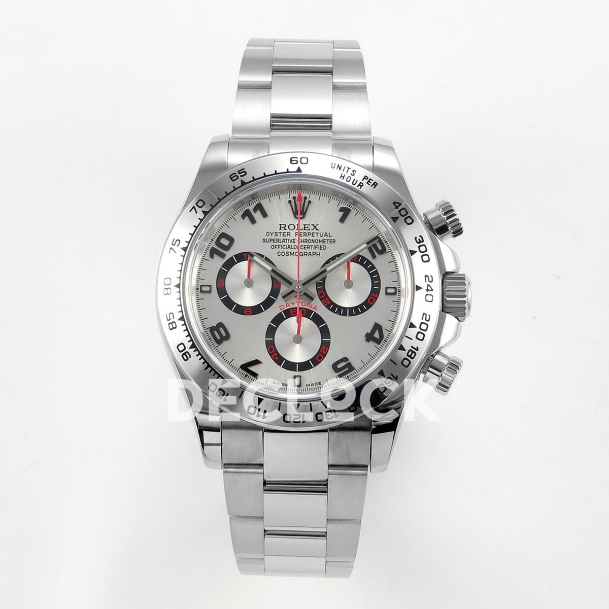 Rolex Daytona 116509 QF Gain Weight replica - front view of silver Arabic dial and steel bracelet