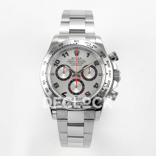 Rolex Daytona 116509 QF Gain Weight replica - front view of silver Arabic dial and steel bracelet