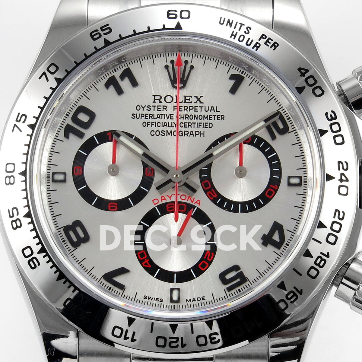 Rolex Daytona 116509 QF Gain Weight replica - silver sunburst dial, black Arabic numerals and red chronograph details close-up