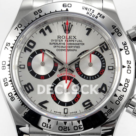 Rolex Daytona 116509 QF Gain Weight replica - silver sunburst dial, black Arabic numerals and red chronograph details close-up