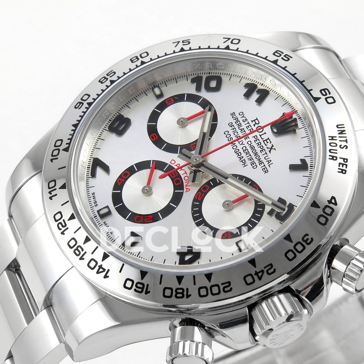 Rolex Daytona 116509 QF Gain Weight replica - opposite angle of silver dial and black subdial rings