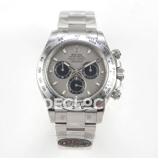 Rolex Daytona 116509 VF replica - front grey-silver sunburst dial,black chronograph counters,luminous baton markers,silver metal bezel and bracelet with original Victory4130 tag