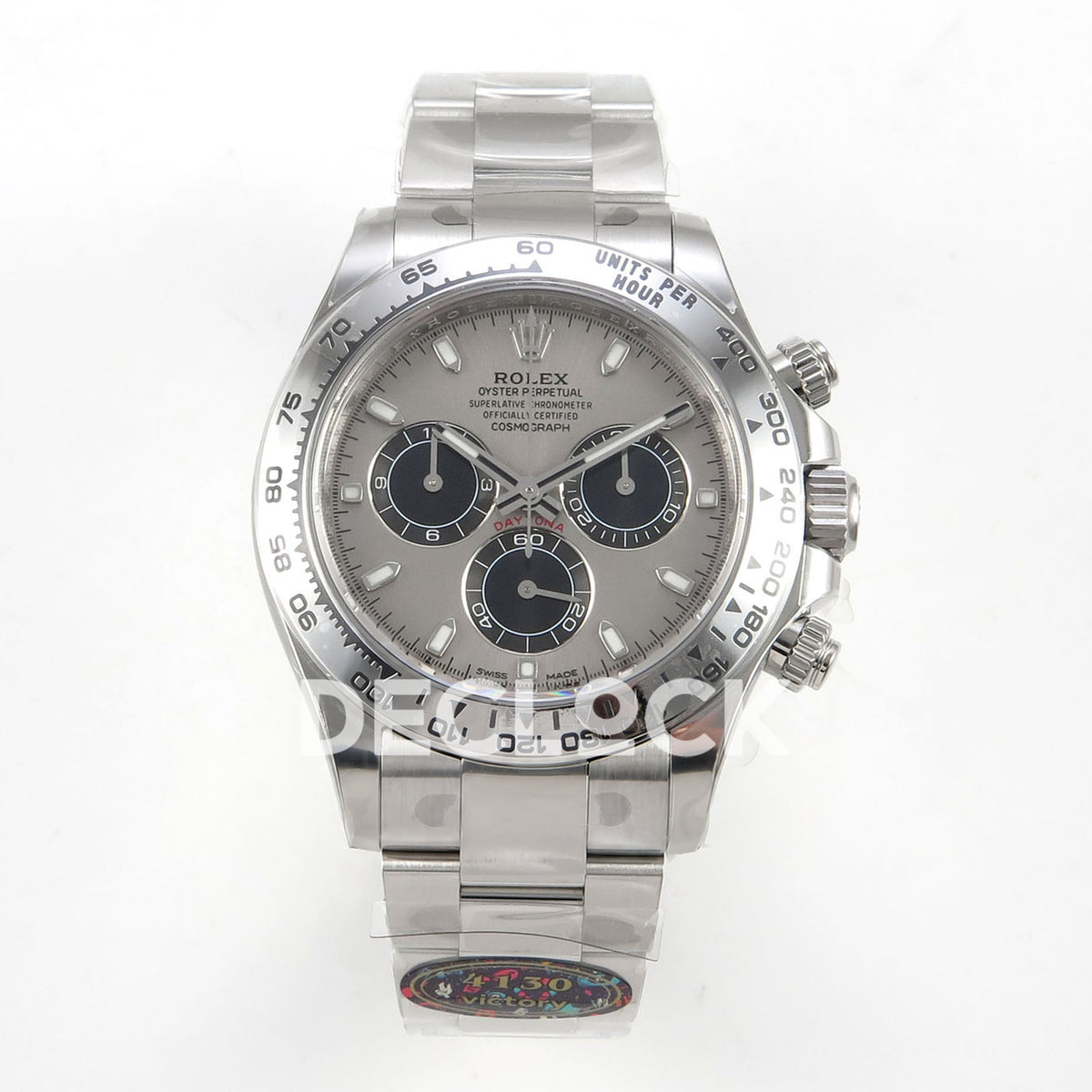 Rolex Daytona 116509 VF replica - front grey-silver sunburst dial,black chronograph counters,luminous baton markers,silver metal bezel and bracelet with original Victory4130 tag