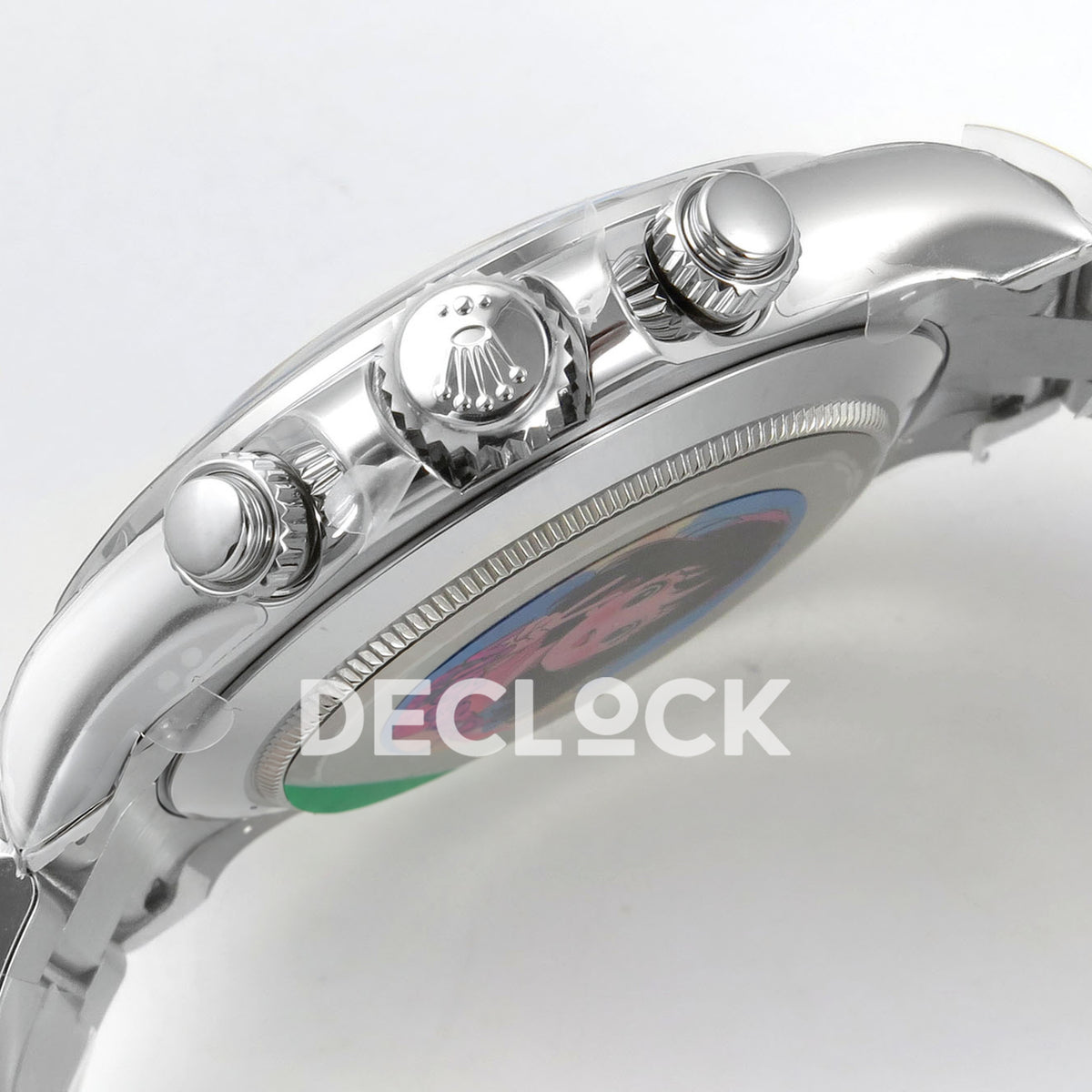 Rolex Daytona 116509 VF replica - silver crown and screw-down pushers with original Rolex emblem and caseback sticker