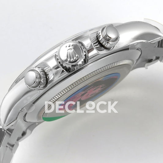 Rolex Daytona 116509 VF replica - silver crown and screw-down pushers with original Rolex emblem and caseback sticker