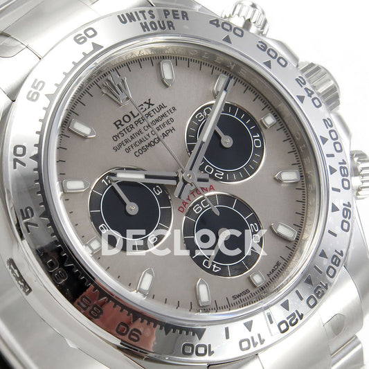 Rolex Daytona 116509 VF replica - original grey-silver dial, black chronograph counters, luminous baton markers and silver tachymeter bezel