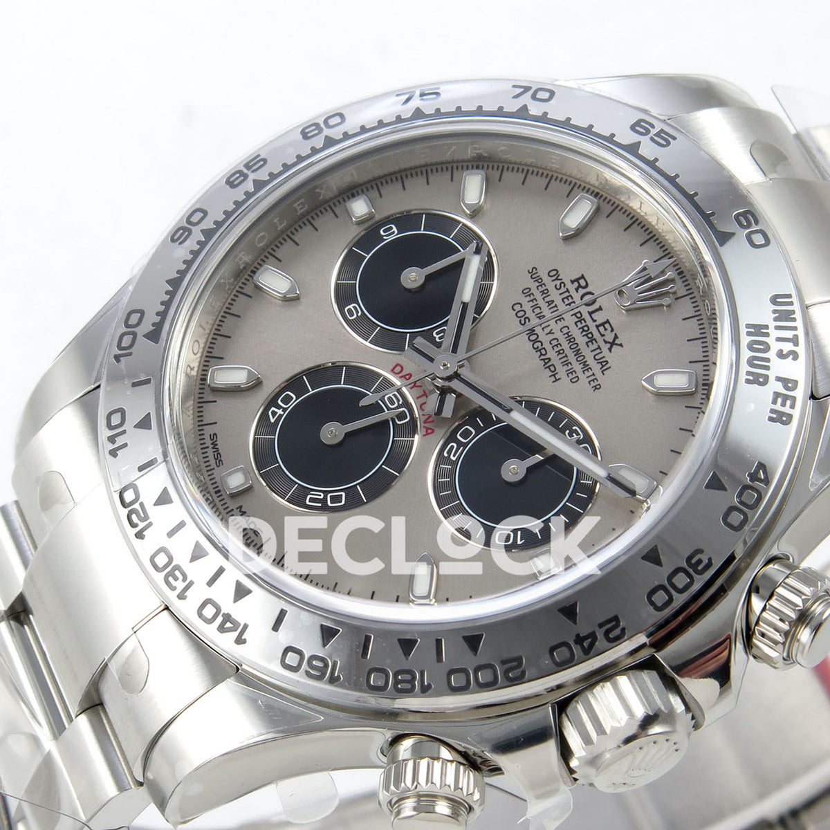 Rolex Daytona 116509 VF replica - original grey-silver dial, black chronograph counters, luminous baton markers and silver tachymeter bezel