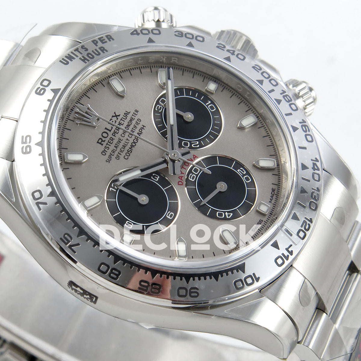Rolex Daytona 116509 VF replica - original grey-silver dial, black chronograph counters, luminous baton markers and silver tachymeter bezel