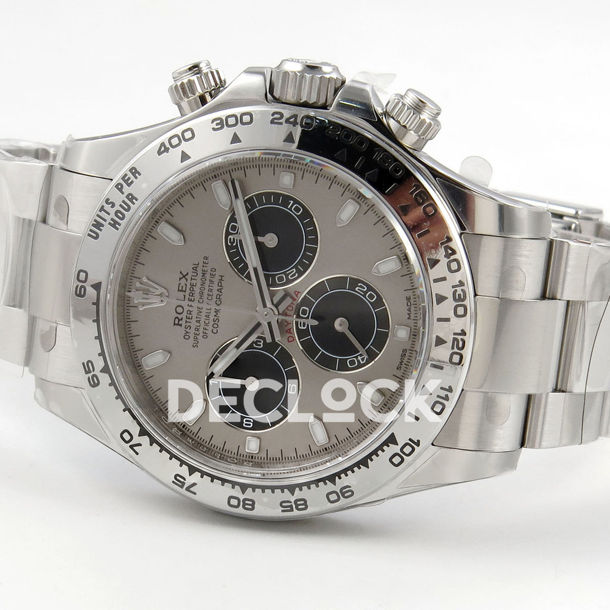 Rolex Daytona 116509 VF replica - original grey-silver dial, black chronograph counters, luminous baton markers and silver tachymeter bezel
