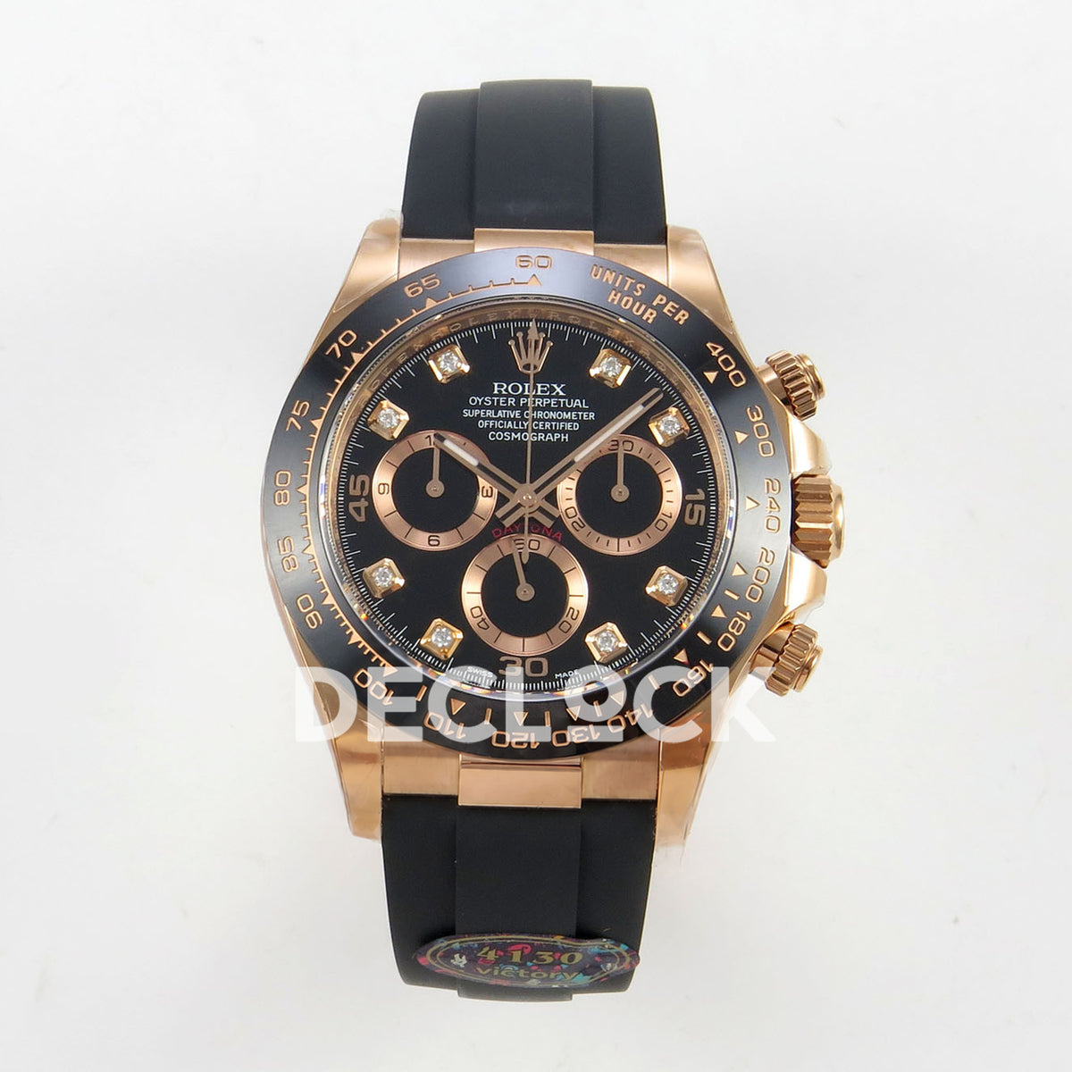 Rolex Daytona 116515 VF replica - front black dial with gem-set hour markers, 15/30/45 numerals, rose-gold-tone counter rings, black ceramic bezel and Oysterflex strap