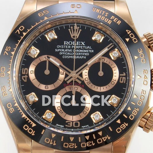 Rolex Daytona 116515 VF replica - original black dial with gold15/30/45 numerals, gemstone hour markers, rose-gold hands and grooved counter rings, black ceramic bezel and Oysterflex strap