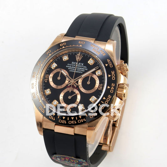 Rolex Daytona 116515 VF replica - original black dial with gold15/30/45 numerals, gemstone hour markers, rose-gold hands and grooved counter rings, black ceramic bezel and Oysterflex strap