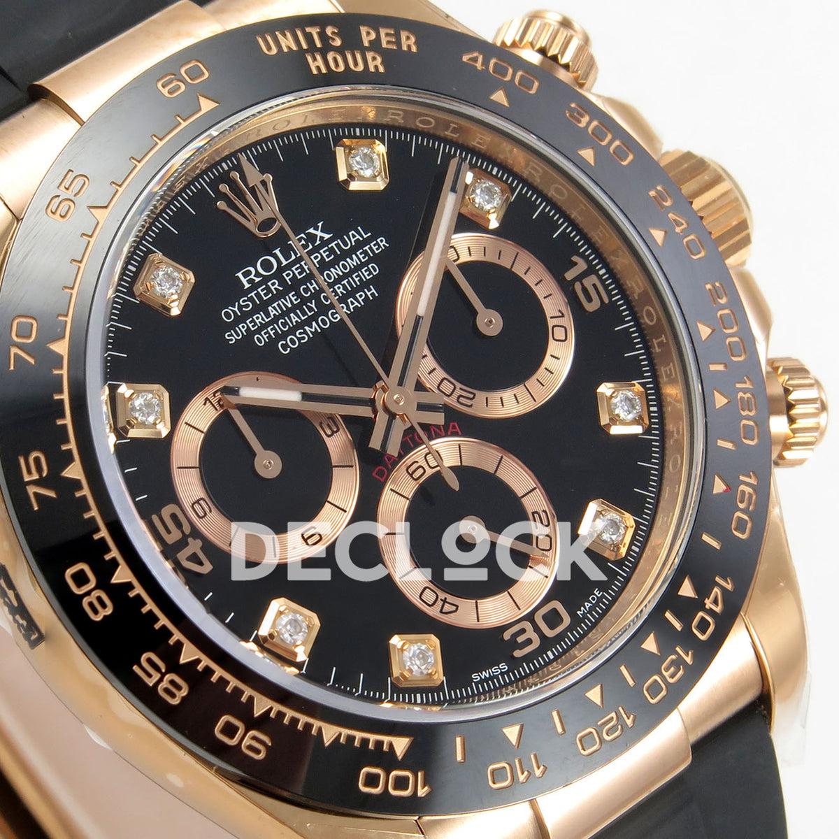 Rolex Daytona 116515 VF replica - original black dial with gold15/30/45 numerals, gemstone hour markers, rose-gold hands and grooved counter rings, black ceramic bezel and Oysterflex strap