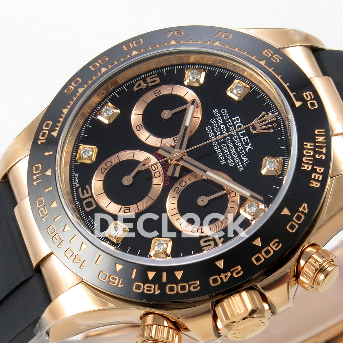 Rolex Daytona 116515 VF replica - original black dial with gold15/30/45 numerals, gemstone hour markers, rose-gold hands and grooved counter rings, black ceramic bezel and Oysterflex strap