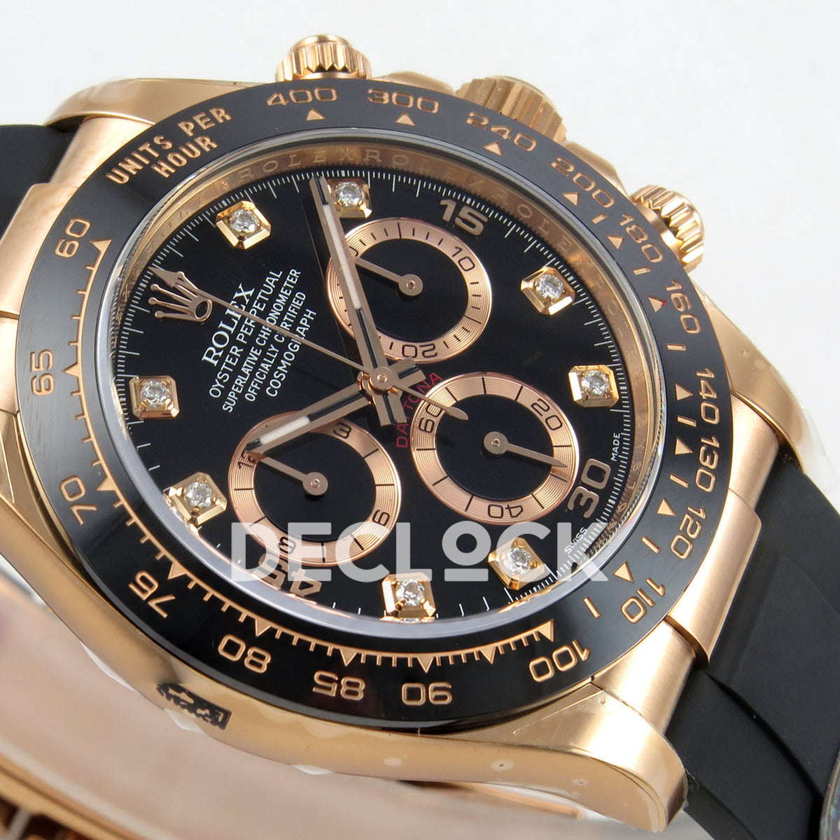 Rolex Daytona 116515 VF replica - original black dial with gold15/30/45 numerals, gemstone hour markers, rose-gold hands and grooved counter rings, black ceramic bezel and Oysterflex strap