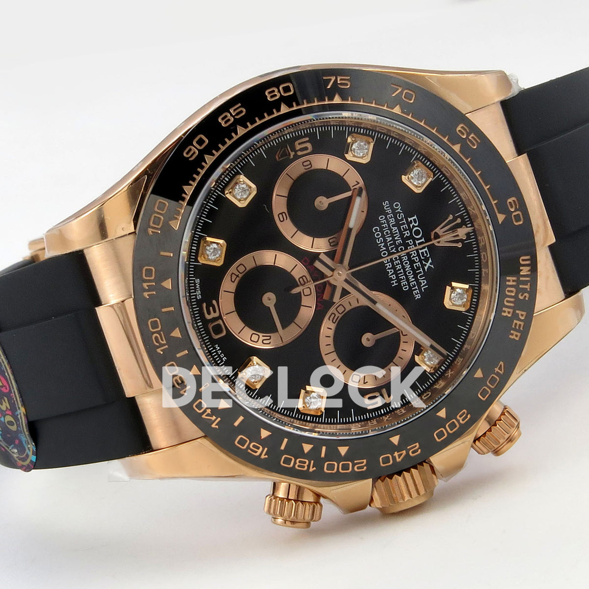 Rolex Daytona 116515 VF replica - original black dial with gold15/30/45 numerals, gemstone hour markers, rose-gold hands and grooved counter rings, black ceramic bezel and Oysterflex strap
