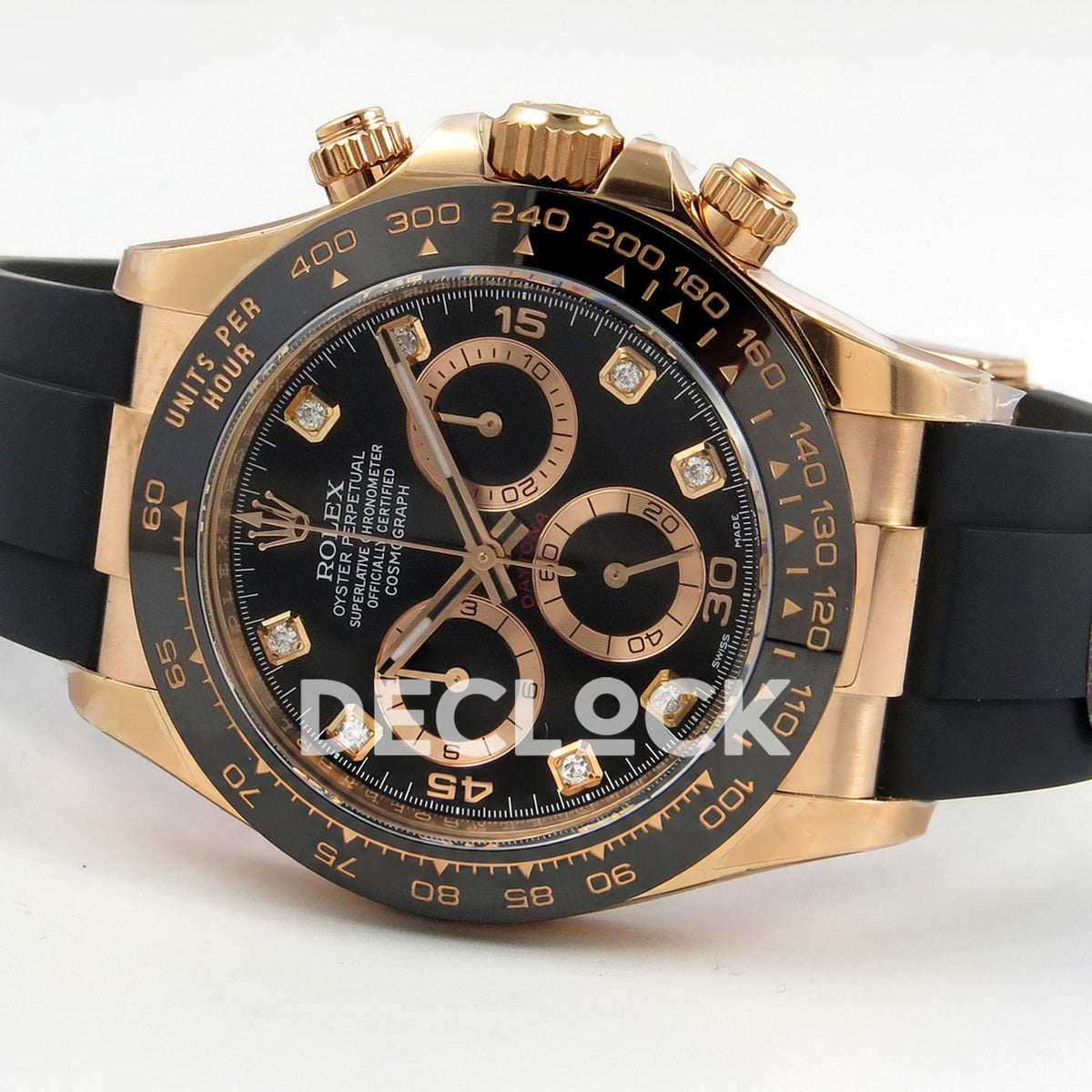 Rolex Daytona 116515 VF replica - original black dial with gold15/30/45 numerals, gemstone hour markers, rose-gold hands and grooved counter rings, black ceramic bezel and Oysterflex strap