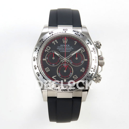 Rolex Daytona 116519 VF replica - front black dial with solid silver Arabic numerals, red minute track and red counter rings, silver metal tachymeter bezel and black Oysterflex strap