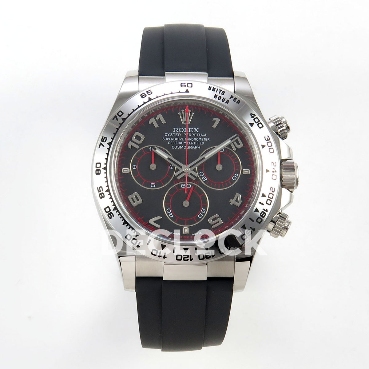 Rolex Daytona 116519 VF replica - front black dial with solid silver Arabic numerals, red minute track and red counter rings, silver metal tachymeter bezel and black Oysterflex strap