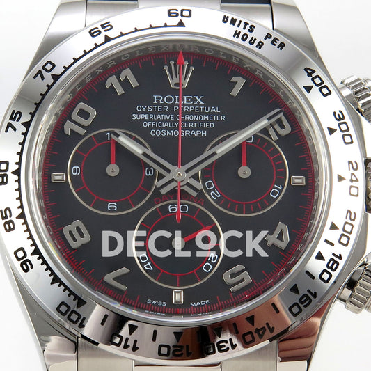 Rolex Daytona 116519 VF replica - black dial macro with original solid silver Arabic numerals, red divisions and red subdial rings