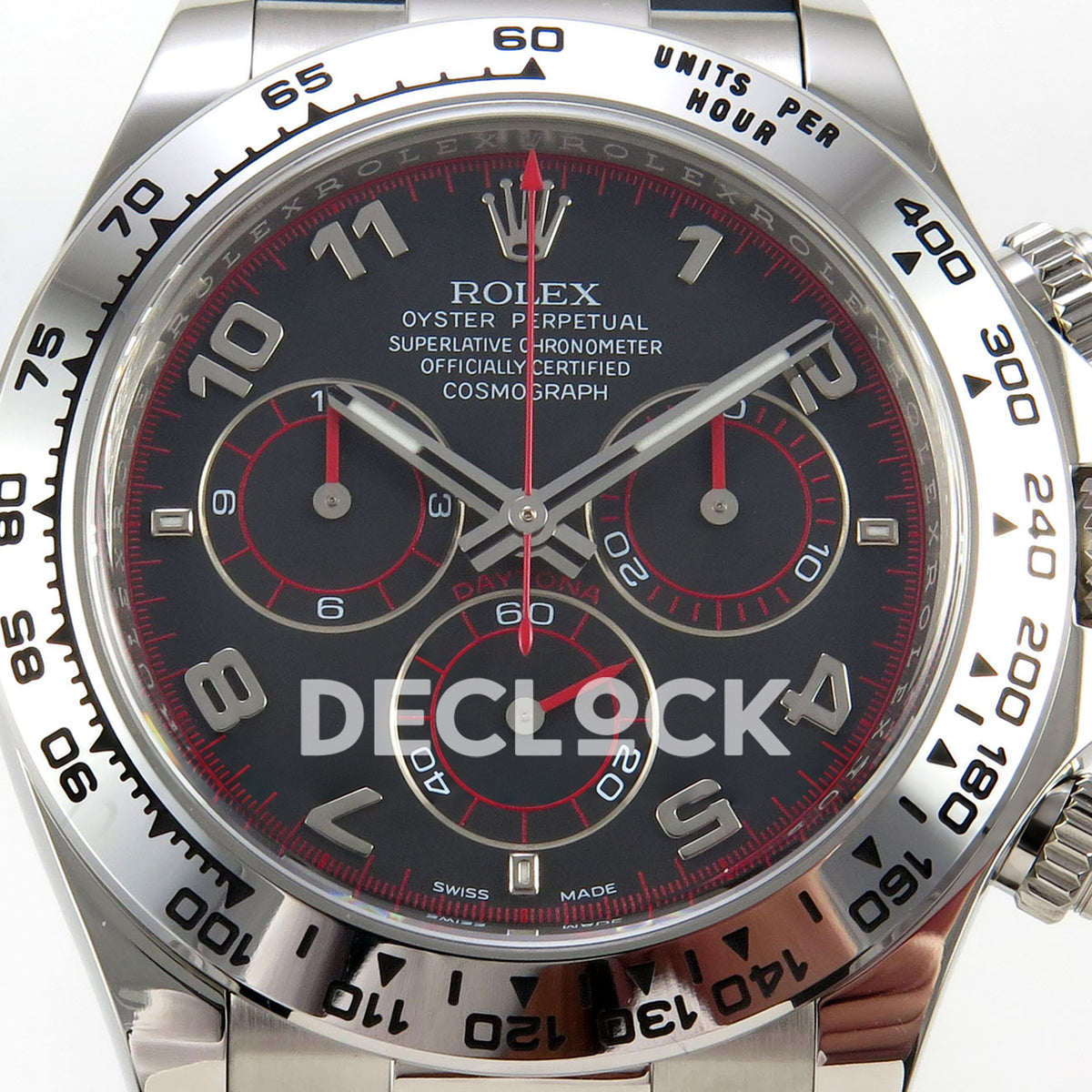 Rolex Daytona 116519 VF replica - black dial macro with original solid silver Arabic numerals, red divisions and red subdial rings
