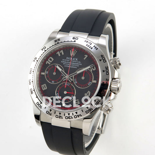 Rolex Daytona 116519 VF replica - angled front with original black Arabic dial, silver tachymeter bezel and black Oysterflex strap