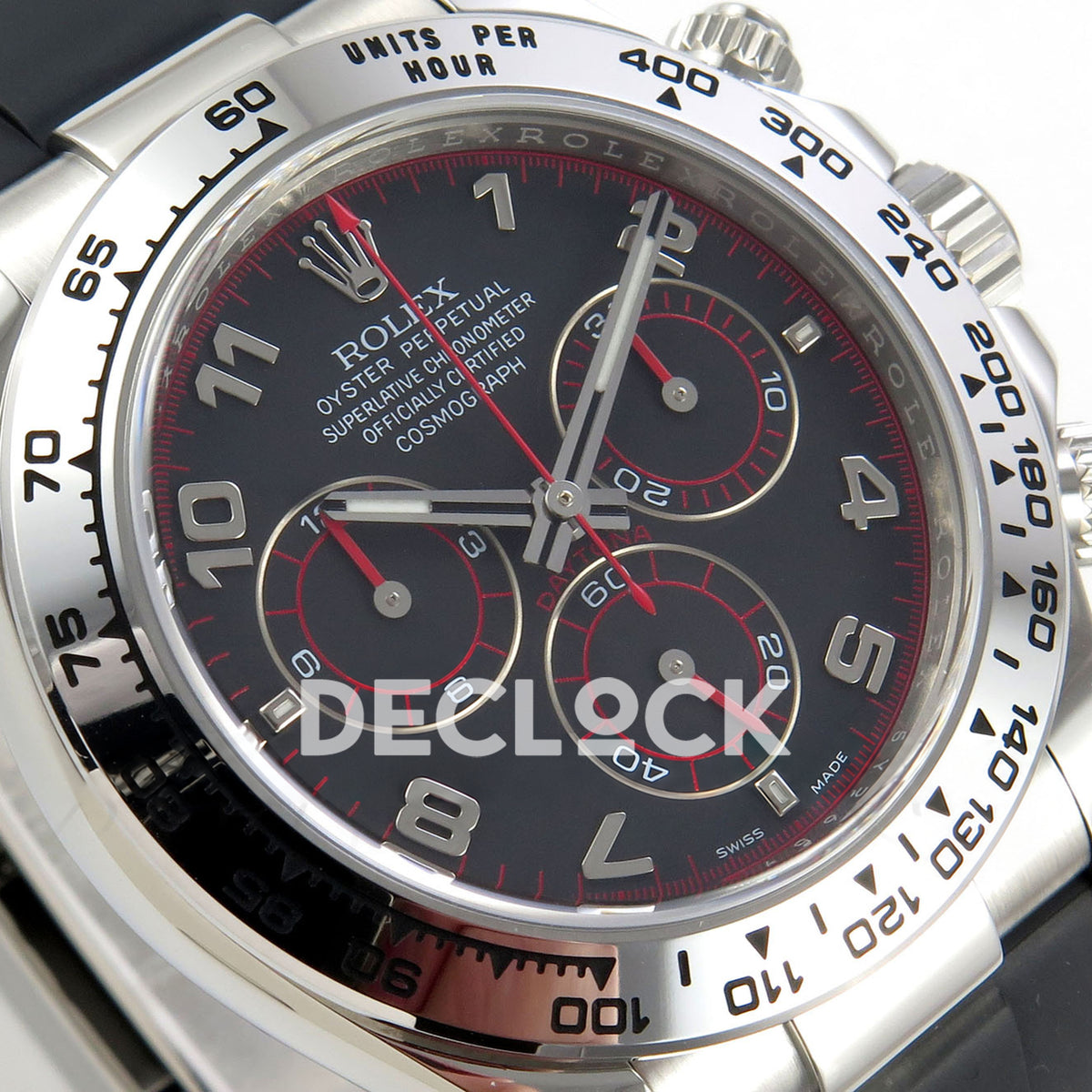 Rolex Daytona 116519 VF replica - original silver Arabic numerals and red chronograph details at a left angle
