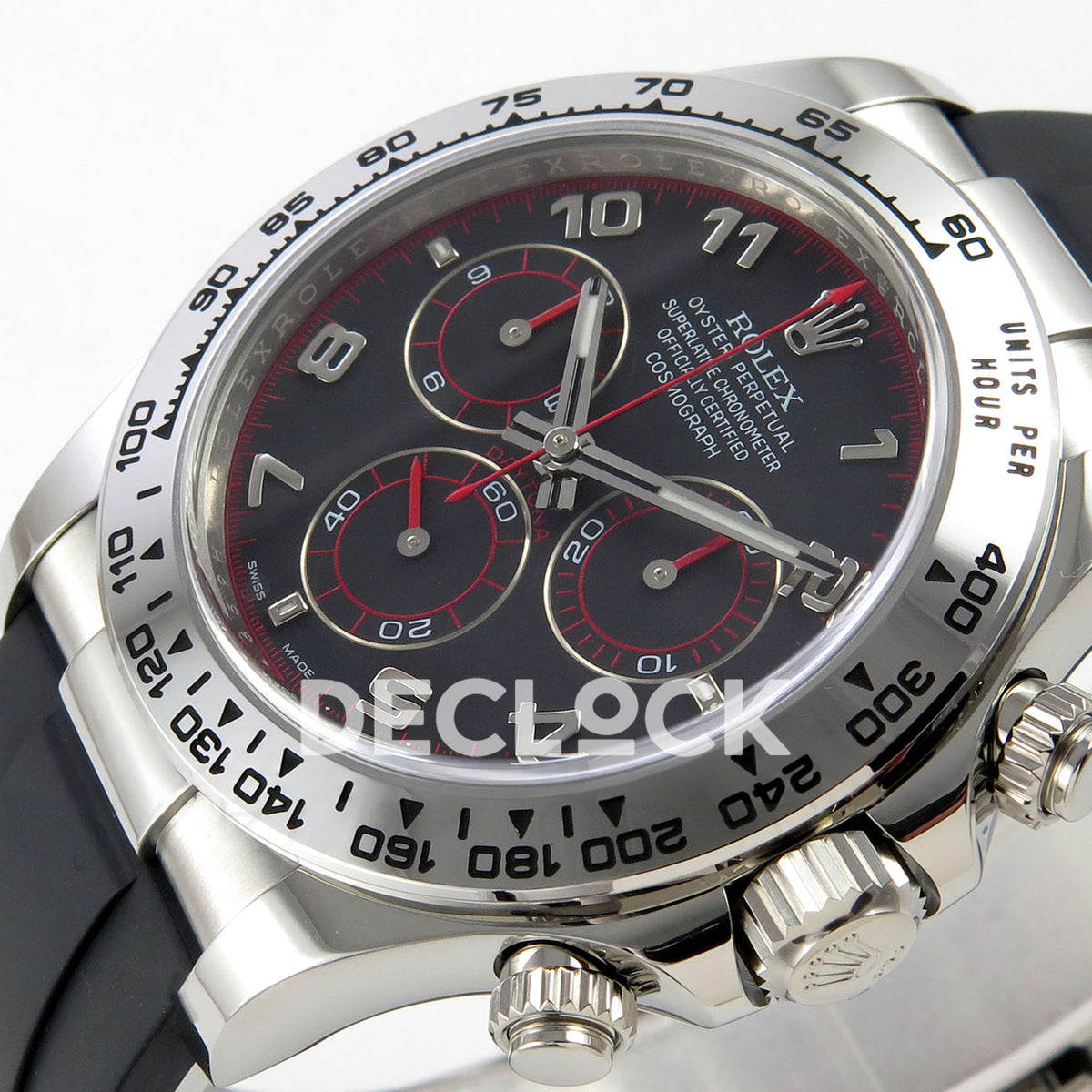 Rolex Daytona 116519 VF replica - original red minute track, silver Arabic numerals and black counters from the opposite angle