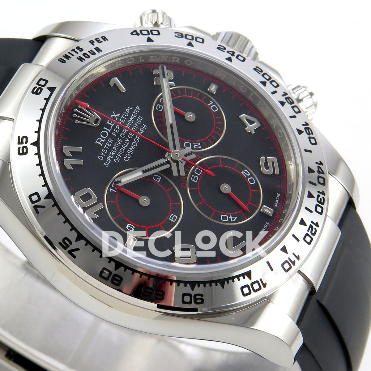Rolex Daytona 116519 VF replica - original silver applied Arabic markers and red subdial details at a low angle