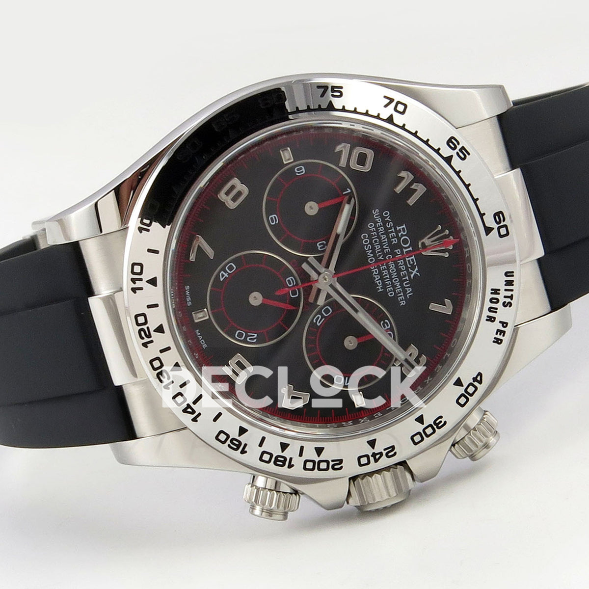Rolex Daytona 116519 VF replica - horizontal front with original Arabic numerals, silver metal tachymeter bezel and black rubber strap