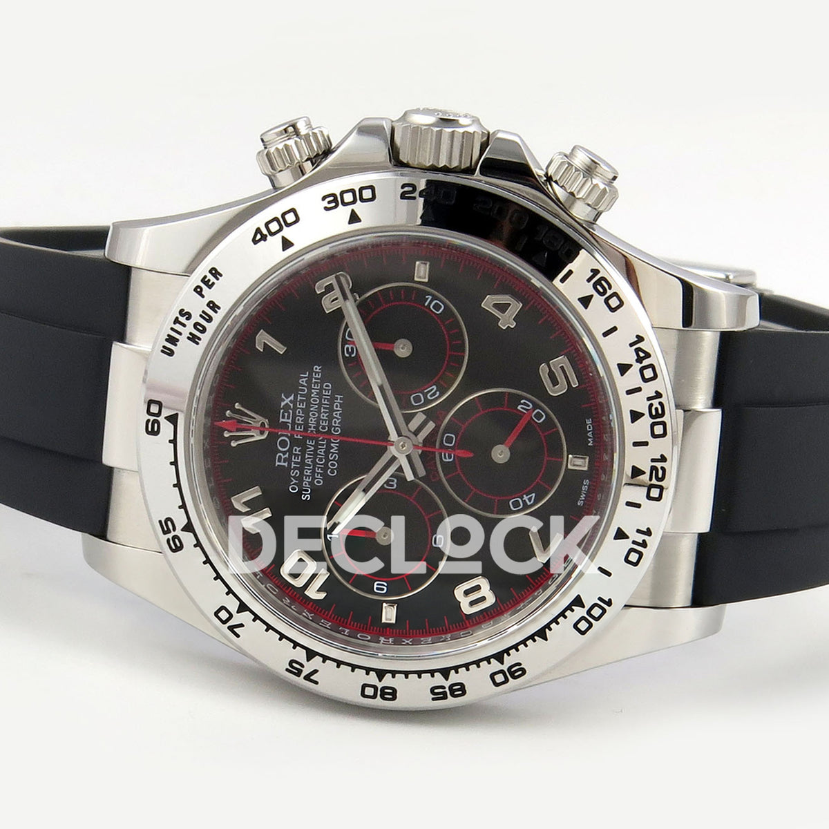 Rolex Daytona 116519 VF replica - opposite horizontal view of the original Arabic dial, crown and pushers
