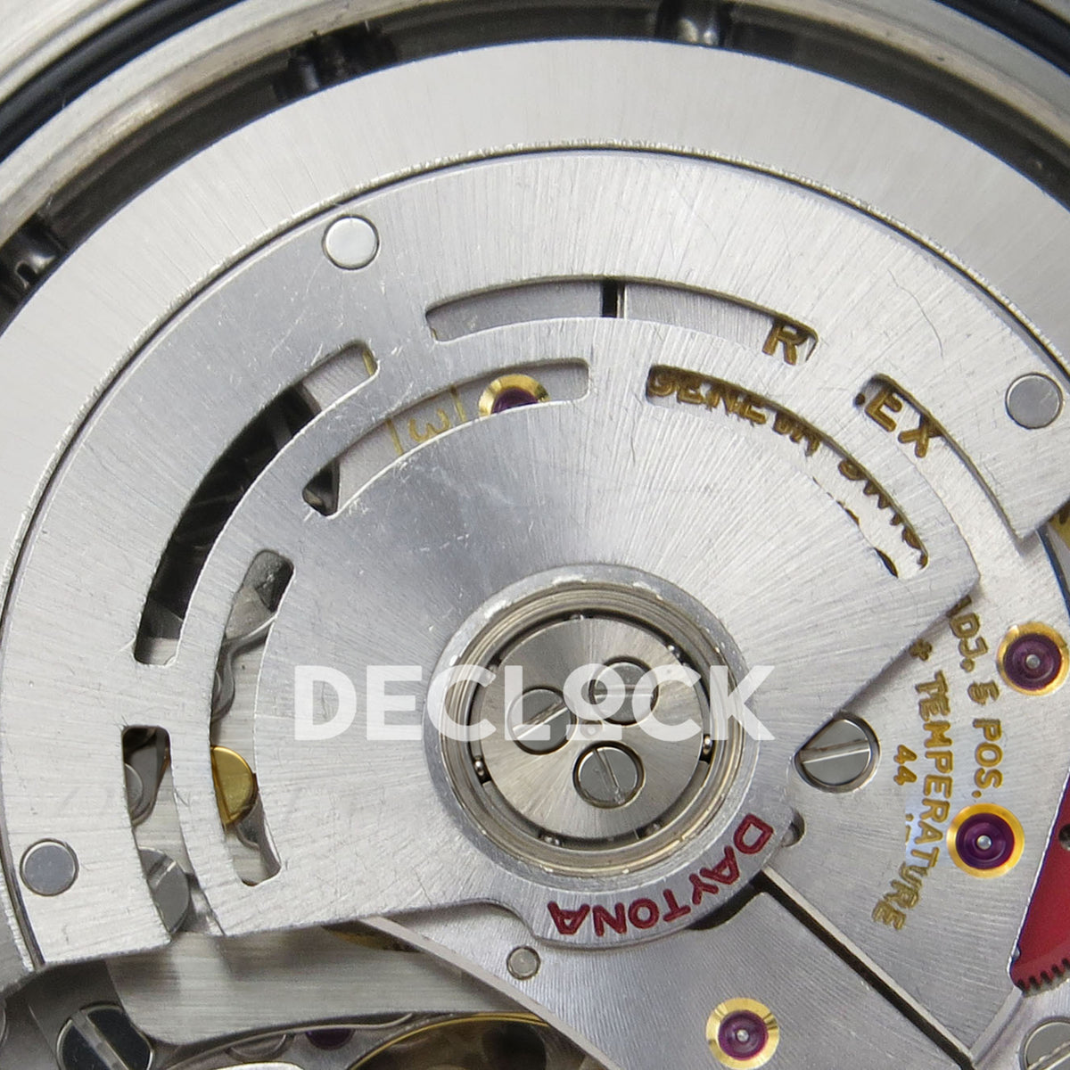 Rolex Daytona 116519 VF replica - original silver rotor, screws, red Daytona inscription and gold movement engravings close-up