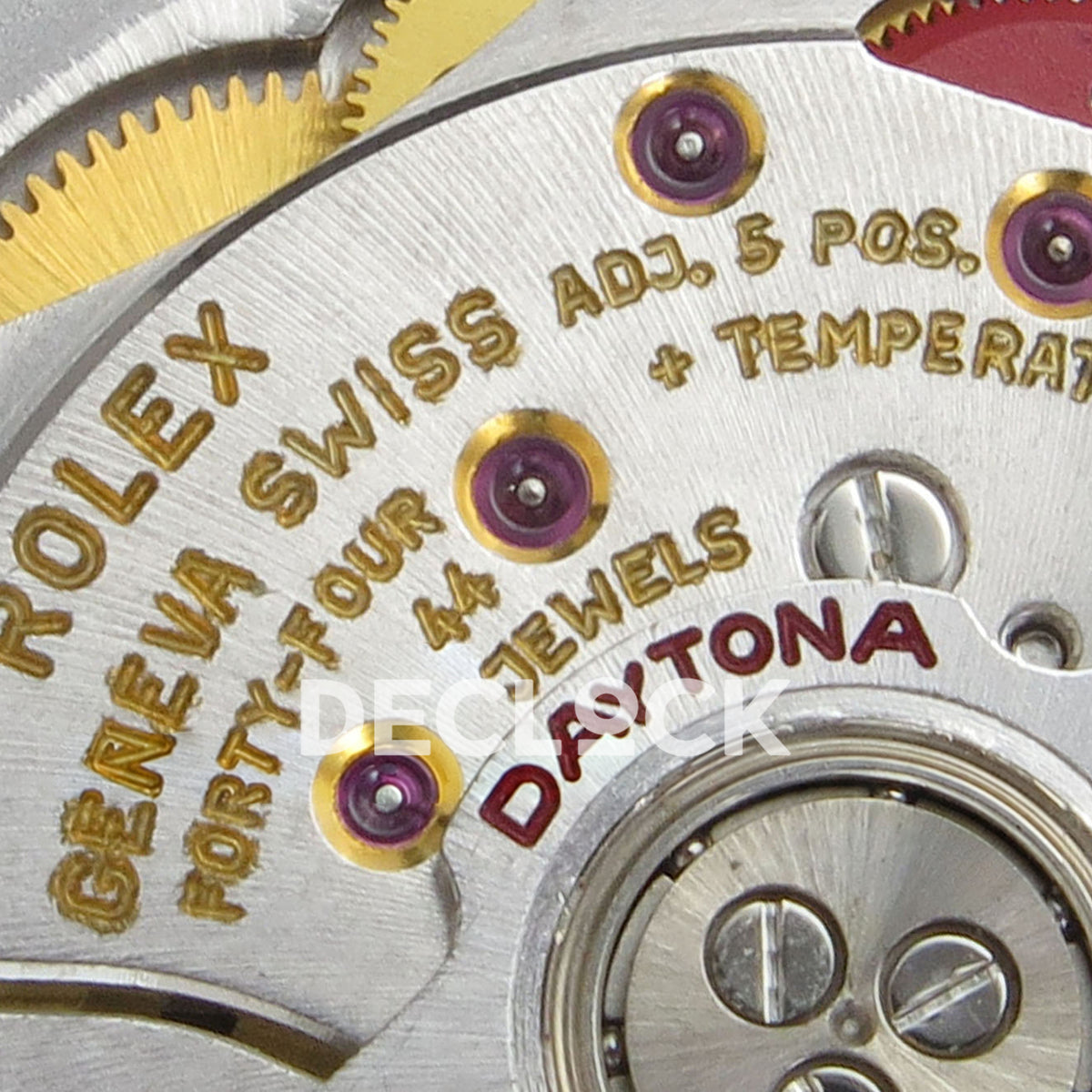 Rolex Daytona 116519 VF replica - original Rolex Geneva Swiss, 44 Jewels and adjustment engravings close-up