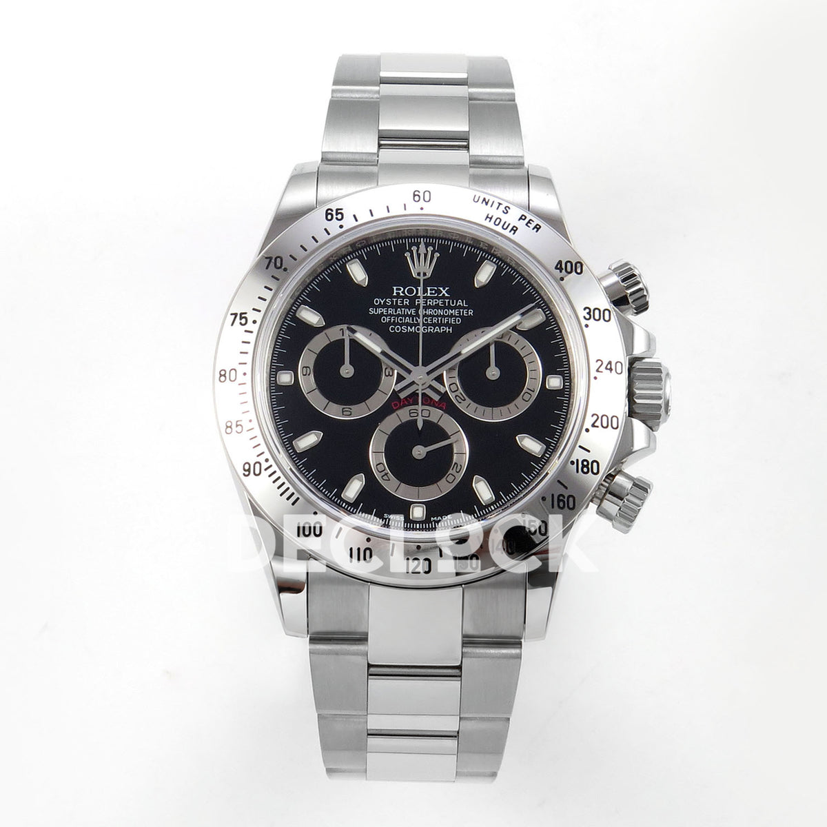 Rolex Daytona 116520 VSF VS4130 black replica - front view of black dial and stainless-steel Oyster bracelet