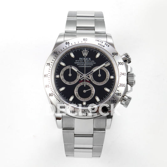 Rolex Daytona 116520 VSF VS4130 black replica - front view of black dial and stainless-steel Oyster bracelet