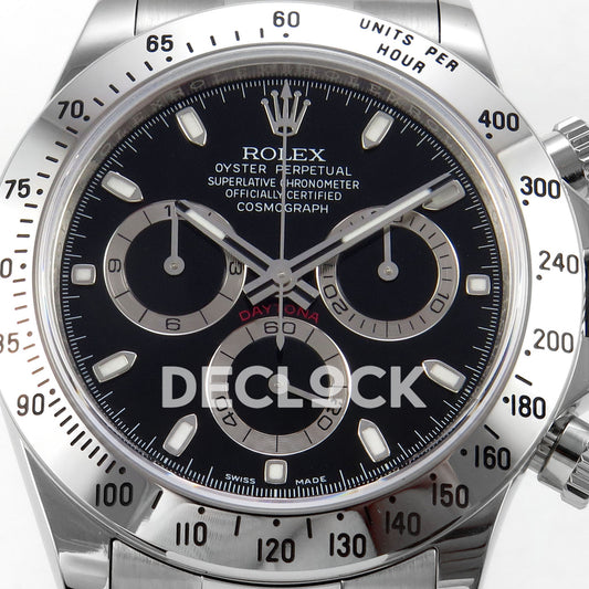 Rolex Daytona 116520 VSF VS4130 black replica - black dial with silver chronograph rings close-up
