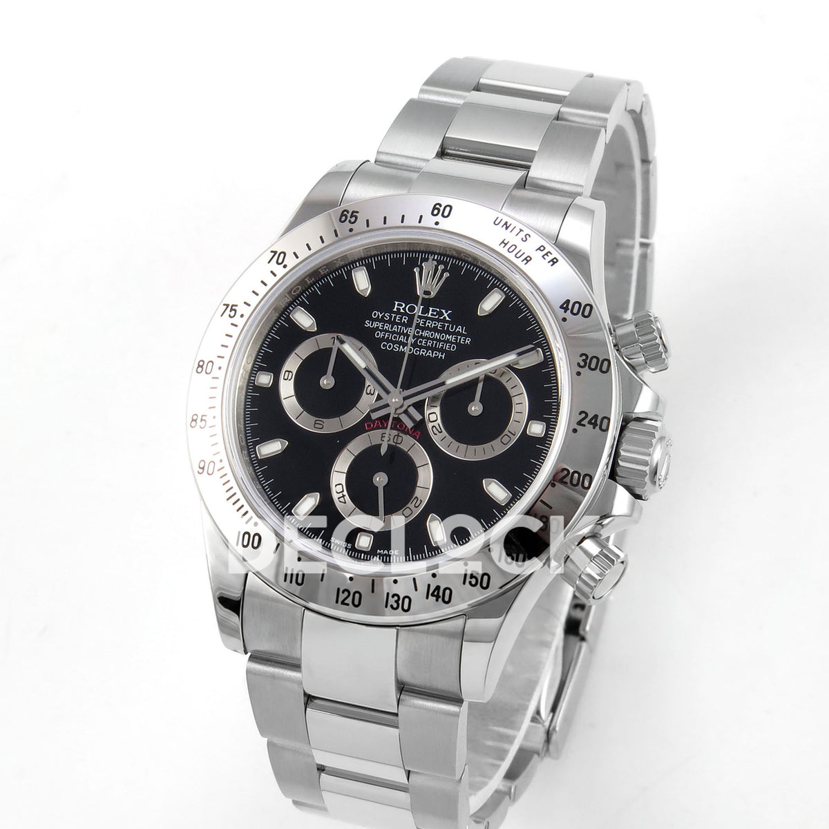 Rolex Daytona 116520 VSF VS4130 black replica - angled front view of dial, steel case and bracelet