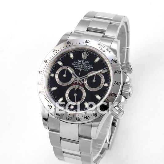 Rolex Daytona 116520 VSF VS4130 black replica - angled front view of dial, steel case and bracelet
