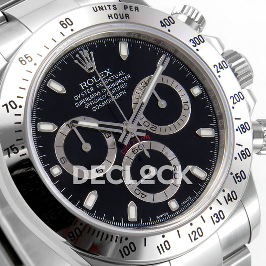Rolex Daytona 116520 VSF VS4130 black replica - angled dial and steel tachymeter bezel close-up