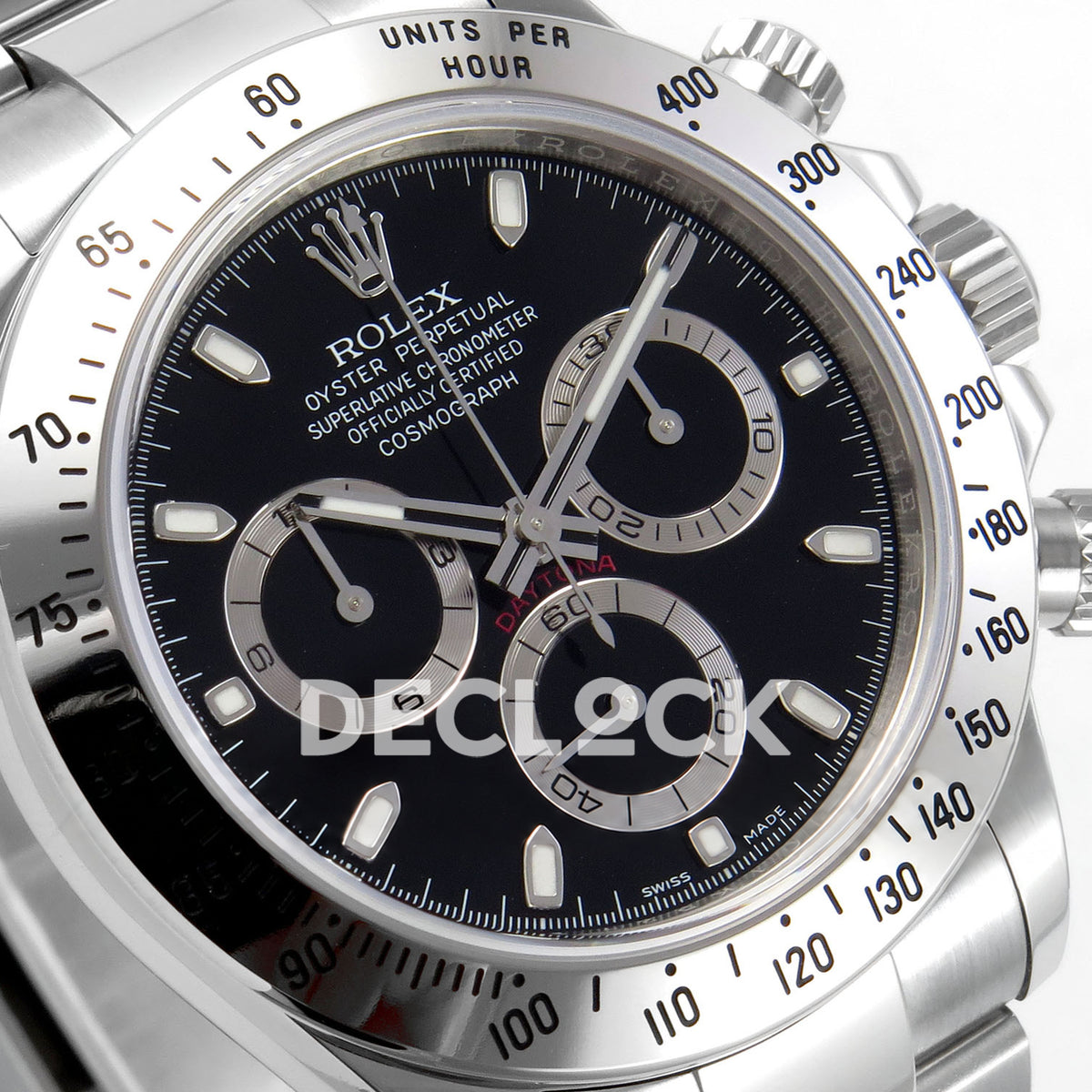 Rolex Daytona 116520 VSF VS4130 black replica - angled dial and steel tachymeter bezel close-up