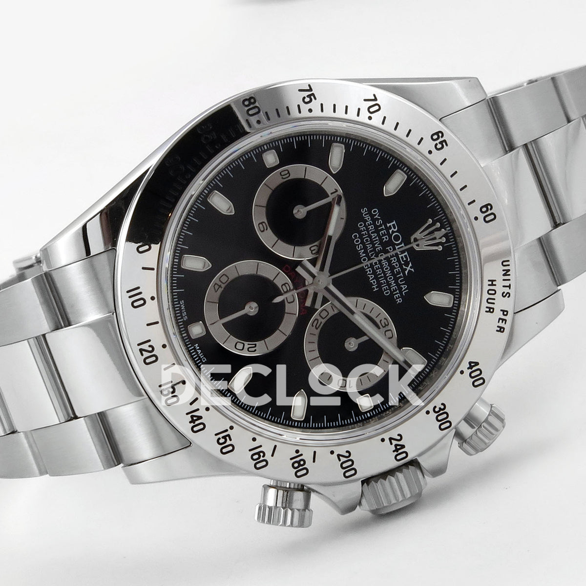 Rolex Daytona 116520 VSF VS4130 black replica - horizontal front view with steel bracelet