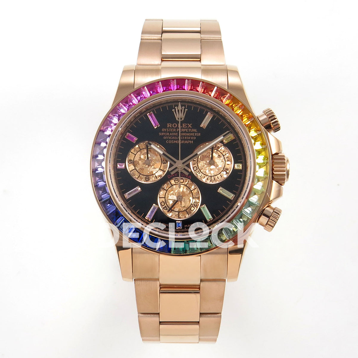 Rolex Daytona 116595RBOW AVF replica - front black dial with rainbow baguette hour markers and bezel, gold-tone crystalline-pattern chronograph counters, plain metal lugs and rose-gold-tone bracelet